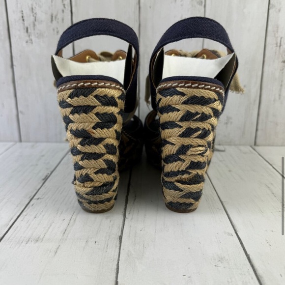 Tory Burch Navy Blue Linley High Open Toe Tie Front Espadrille Wedge Size 5 - Picture 8 of 12